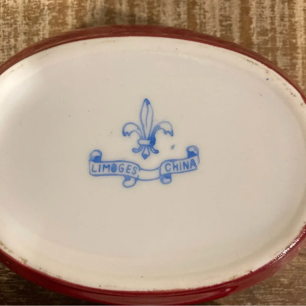Limoges China Trinket Box with Rococo Couple – Red & Gold Oval Shaped